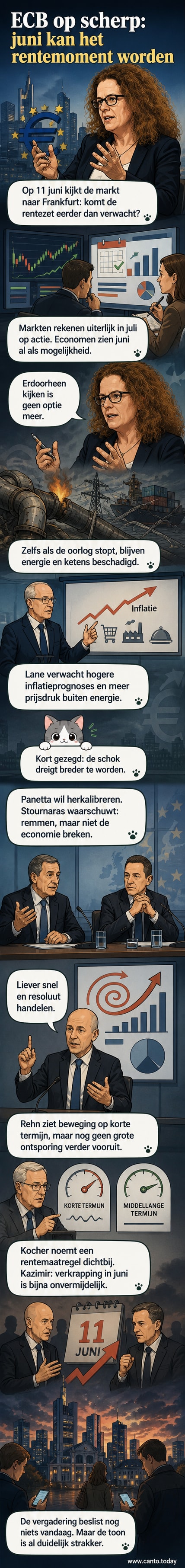 Illustratie van de Europese Centrale Bank met een vergaderzaal waar beleidsmakers spreken over inflatie en rente, met grafieken over energieprijzen en toeleveringsketens op de achtergrond.