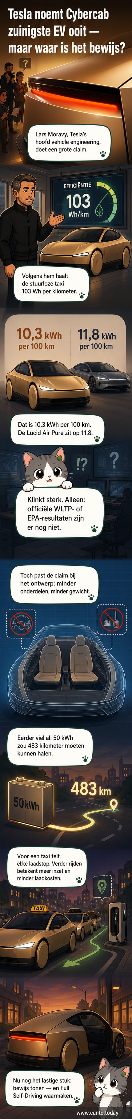 Illustratie van de Tesla Cybercab, een stuurloze, hoekige elektrische taxi, op een stadssilhouet met een energie-efficiëntiegrafiek op de achtergrond.