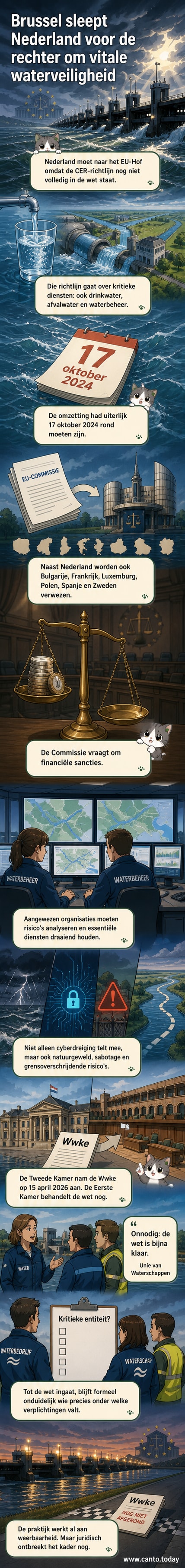 Illustratie van een Nederlandse rechter in een EU-zaal, met achtergrond van waterpompen en elektriciteitsmasten, terwijl een brief wordt overhandigd met 'CER-richtlijn'.