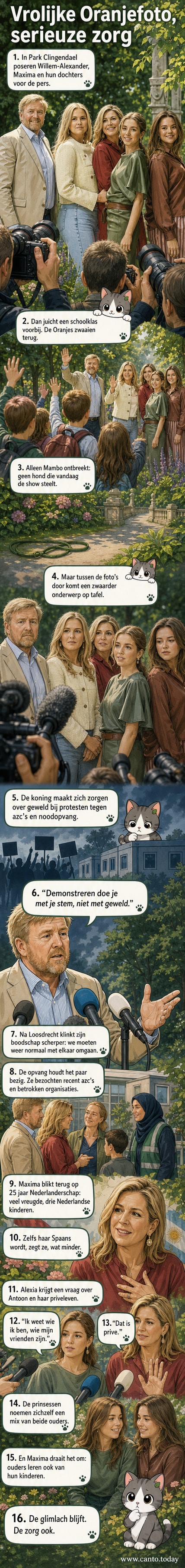 Het koninklijk gezin lacht samen in een groen park, met kinderen op de achtergrond die juichen.