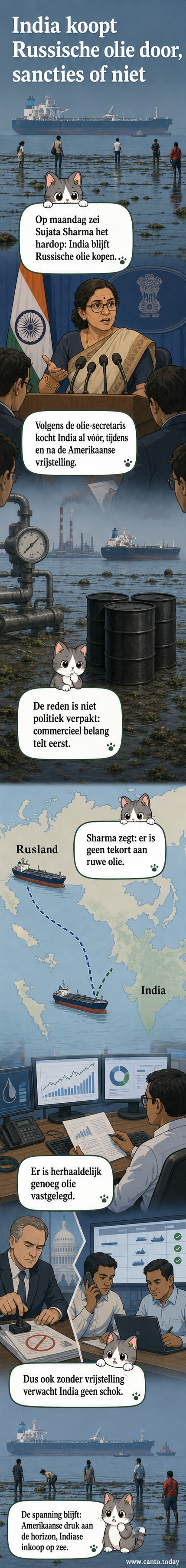 Illustratie van een olietanker met Indiase en Russische vlag, terwijl een Amerikaanse vlag in de achtergrond zweeft met een doorhalen symbool.