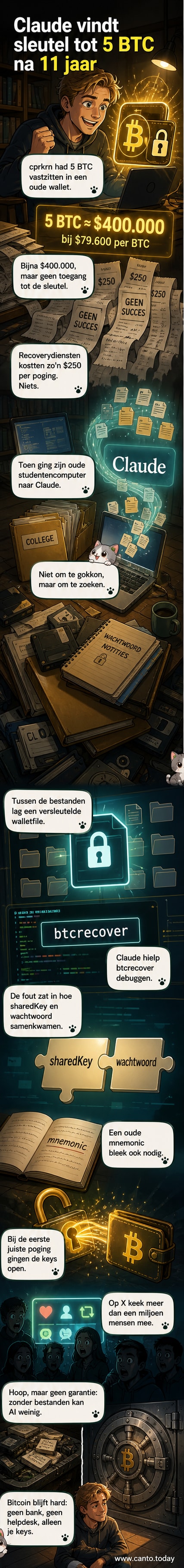 Een AI-geïnspireerde illustratie van een digitale sleutel die een oude, stoffige Bitcoin-wallet ontgrendelt, met een lichtstraal die uit het scherm komt.