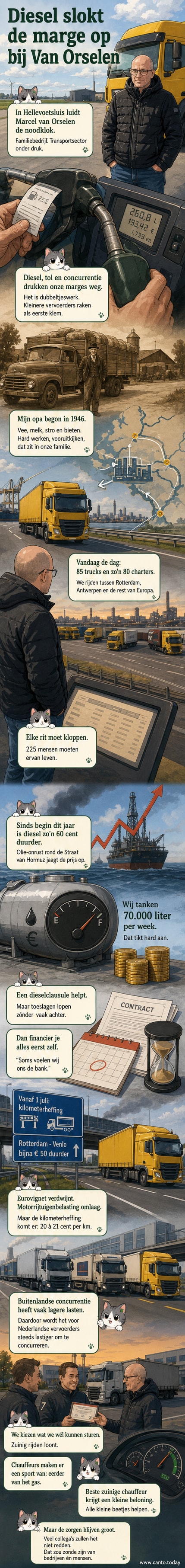Een rij vrachtwagens van het familiebedrijf Van Orselen gereden door chauffeurs in overalls, met een kantoorcontainer en kranen op de achtergrond.