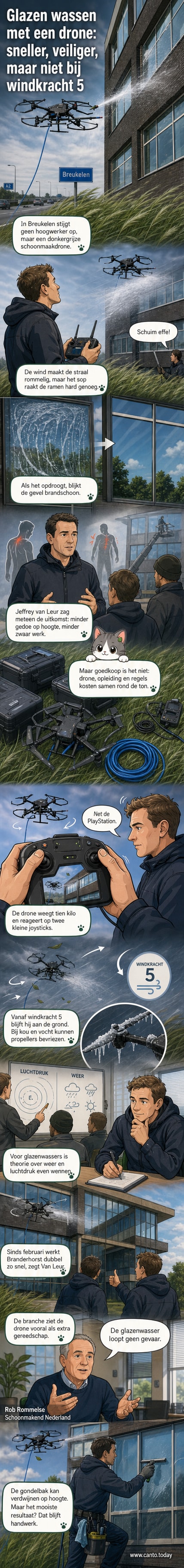 Een grijze drone met een sproeier eronder vliegt langs een kantoorgebouw in Breukelen, terwijl dronepiloot Bram de Jong het toestel bestuurt vanaf de grond.