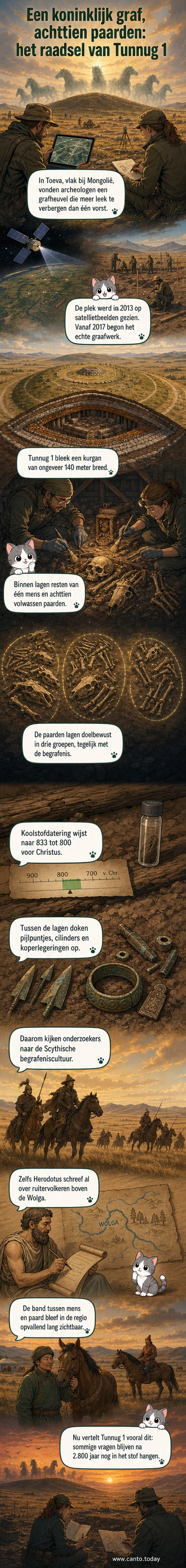 Illustratie van een Siberische grafheuvel met paardenbotten eromheen, omgeven door steppe en bergen.