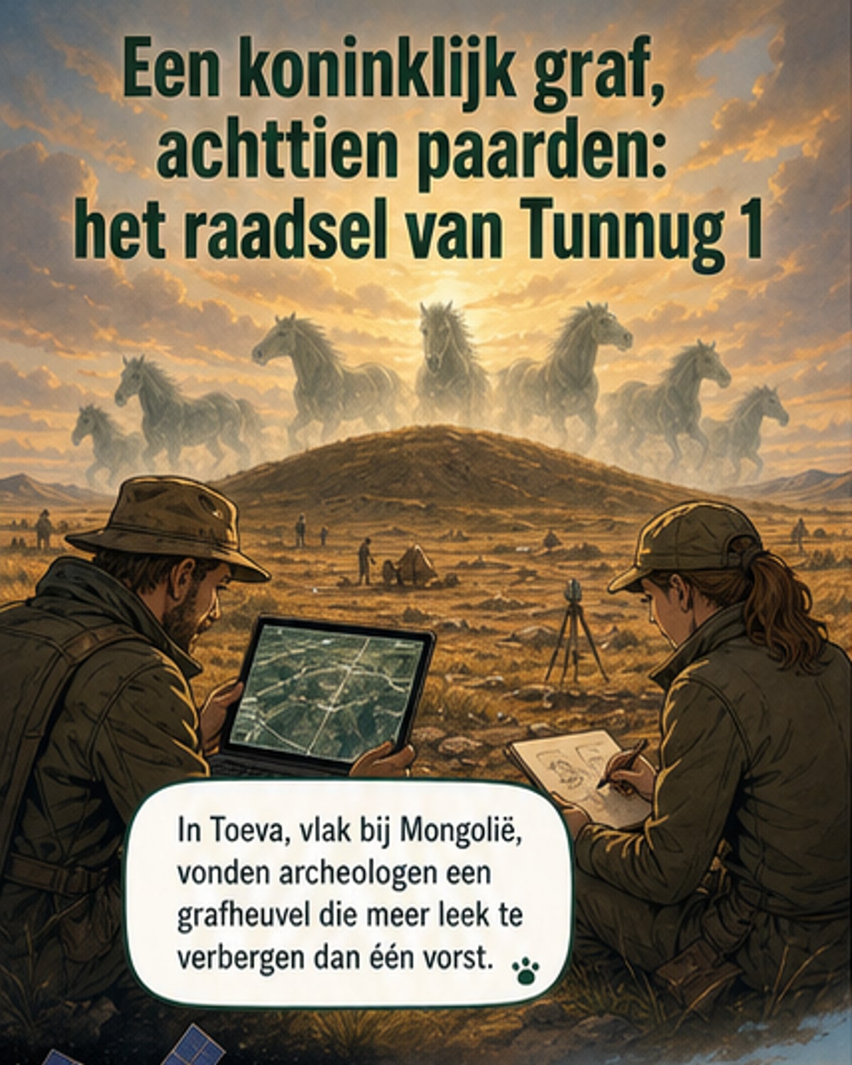 Illustratie van een Siberische grafheuvel met paardenbotten eromheen, omgeven door steppe en bergen.