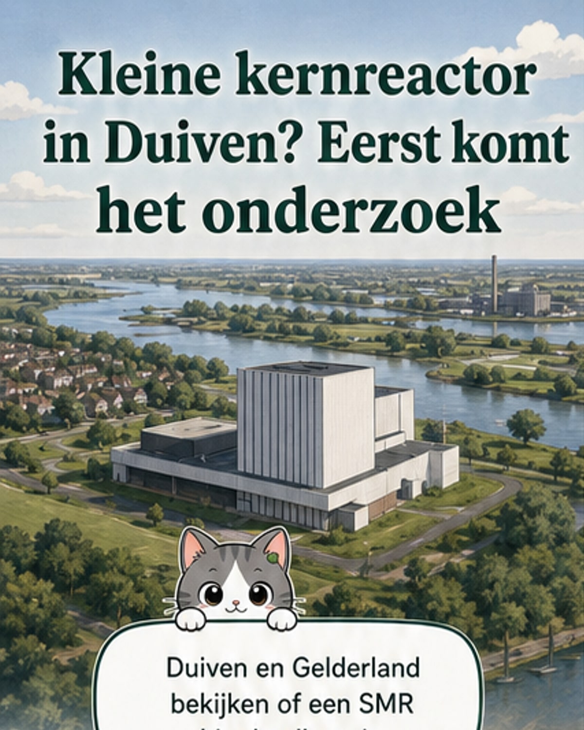 Illustratie van een kleine modulaire kernreactor in een Nederlandse dorpsomgeving, met een onderzoeksrapport en kaart in de voorgrond.