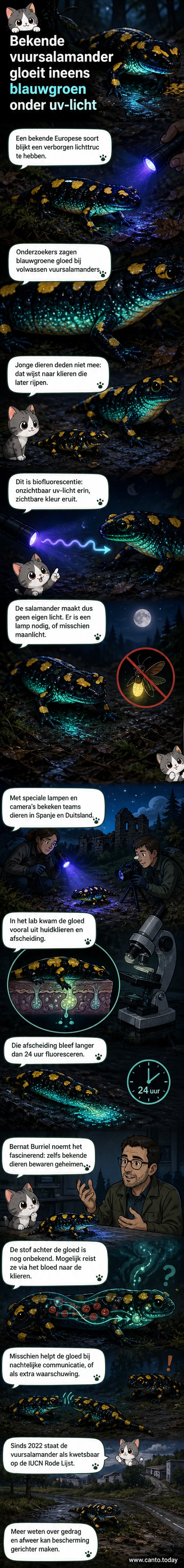 Een vuursalamander onder normaal licht (links) en onder UV-licht (rechts), waarbij blauwgroene spikkels zichtbaar zijn op de buik en flanken.