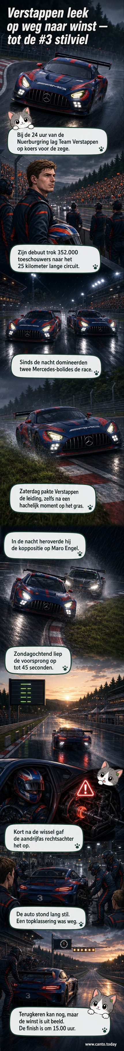 Rennende Mercedes met startnummer #3 stilstaand in de pits bij de Nürburgring, met monteurs in actie en Max Verstappen in de cockpit.