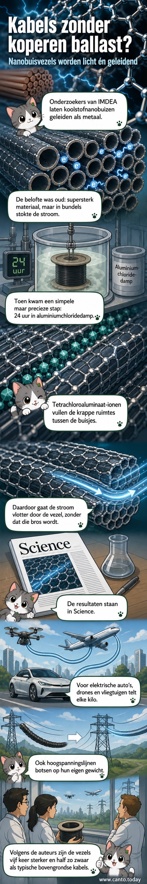 Illustratie van koolstofnanobuizen met ionen die zich in de tussenruimtes nestelen, waardoor de geleiding verbetert.