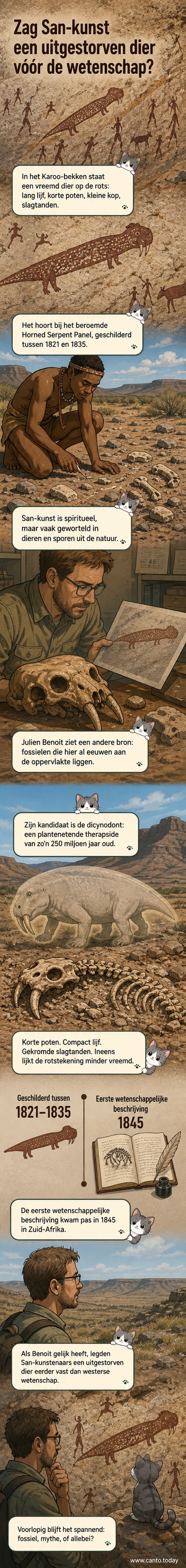 Een schematische weergave van een oude rotstekening uit Zuid-Afrika met een langgerekt dier met slagtanden tussen andere dieren, mogelijk geïnspireerd door dicynodontfossielen.