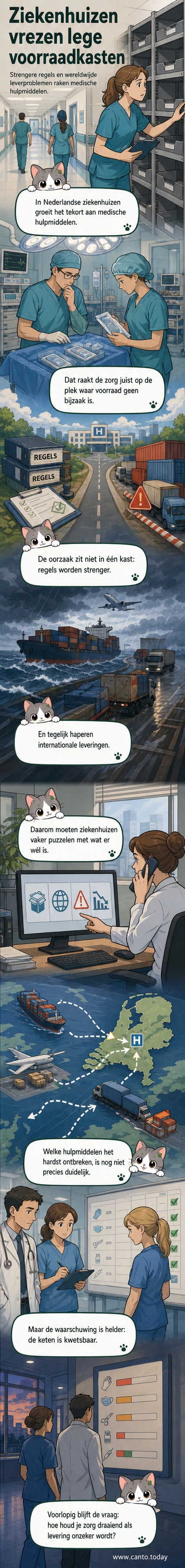 Illustratie van een ziekenhuis met een waarschuwingsteken boven medische voorraadkasten die bijna leeg zijn.