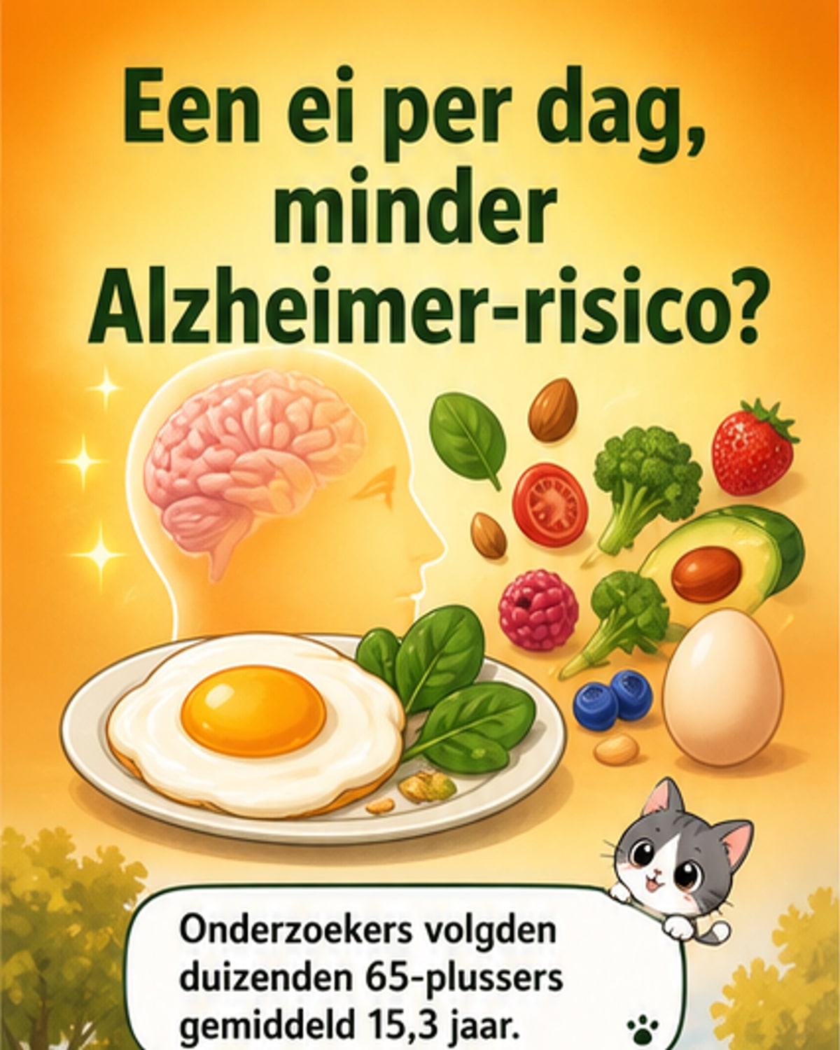 Een bord met een gekookt ei en een stuk spek, met een achtergrond van hersenillustraties en voedingsstoffen zoals choline en omega-3