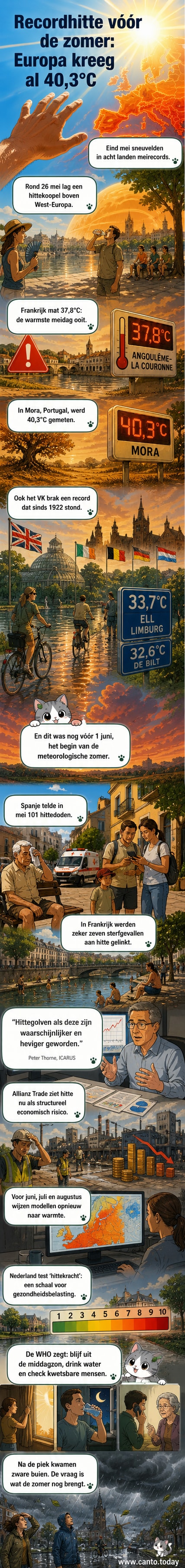 Kaart van West-Europa met rode zones die extreme temperaturen in mei 2026 aangeven, met thermometers die boven de 40 graden stijgen in Portugal, Spanje en Frankrijk.