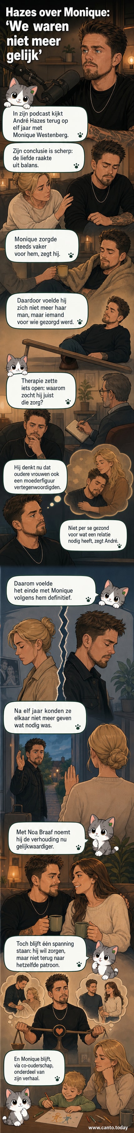 Illustratie van André Hazes die nadenkend kijkt, met een subtiele tweedeling: aan de ene kant Monique als zorgende figuur, aan de andere kant Noa in een gelijkwaardige relatie.