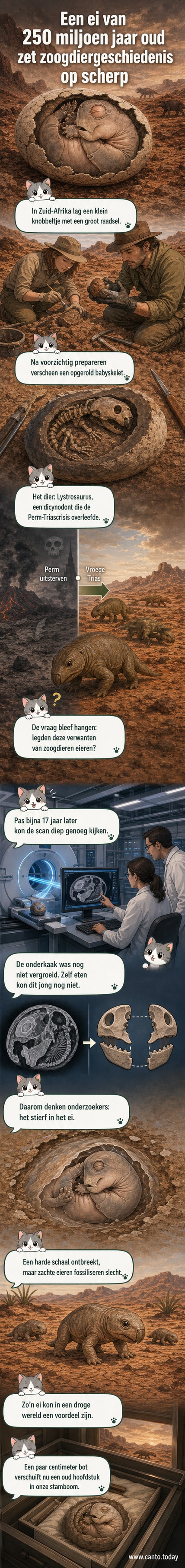 Reconstructie van een Lystrosaurus-moeder naast een klein, opgerold fossiel in een zacht ei, omgeven door droge Triaslandschap met rotsformaties.