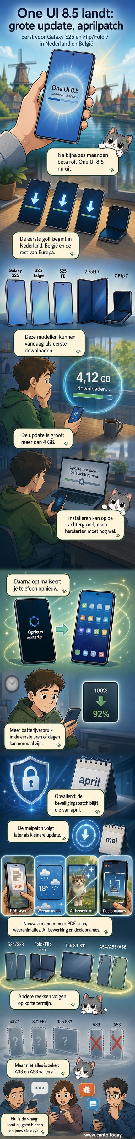 Een Samsung Galaxy S25 toestel toont de nieuwe One UI 8.5 interface met een geüpdatete home screen, een verbeterde weer-widget en een animatie op het vergrendelscherm.