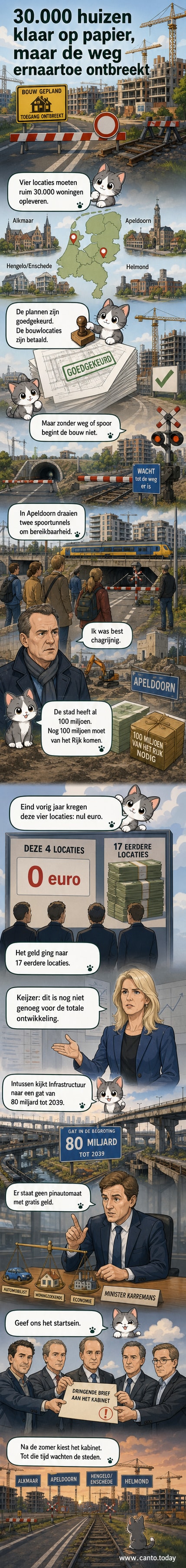 Illustratie van een lege bouwplaats met borden voor 30.000 nieuwe huizen, met daarachter een gesloten spoorwegovergang en een weg die nergens heen leidt.