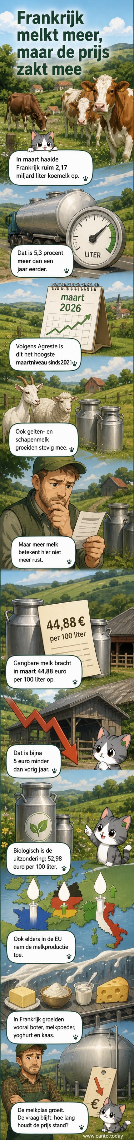 Een melkboer met een emmer melk op een boerderij, met een grafiek die dalende prijzen toont op de achtergrond.