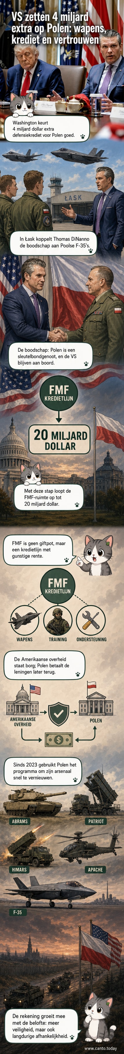 Illustratie van een Amerikaanse en Poolse vlag die samen een schild vormen, met militaire uitrusting zoals een F-35 en een Abrams-tank in de achtergrond.