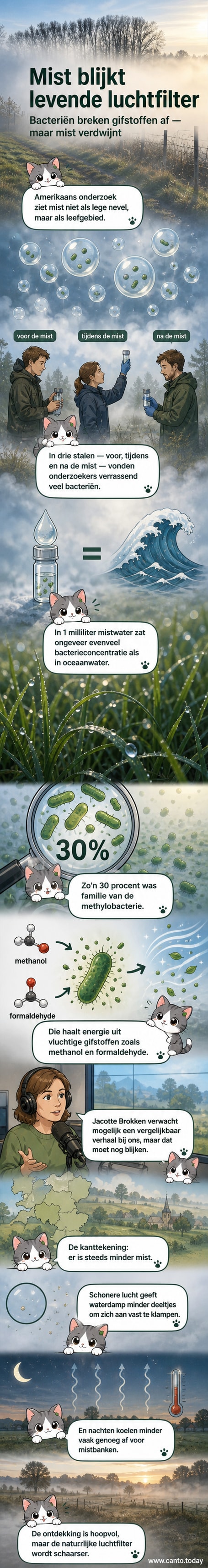 Illustratie van een mistbank met microscopische weergave van bacteriën die giftige moleculen afbreken, met methanol en formaldehyde als chemische structuren.