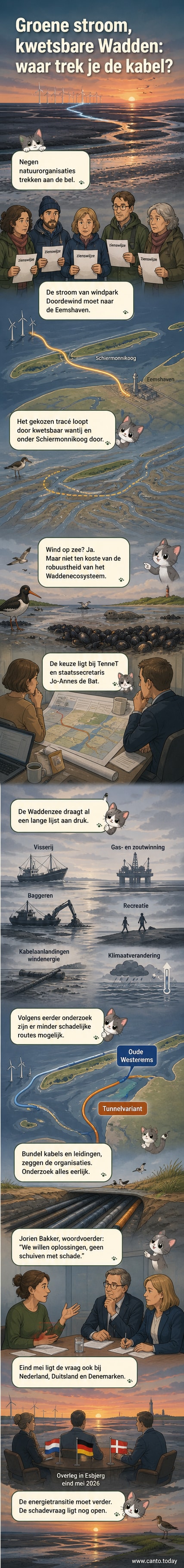 Illustratie van een stroomkabel die onder de Waddenzee doorloopt, met daarnaast een zeehond, mosselbanken en een lepelaar in een kwetsbaar natuurgebied, terwijl in de verte een windpark op zee zichtbaar is.
