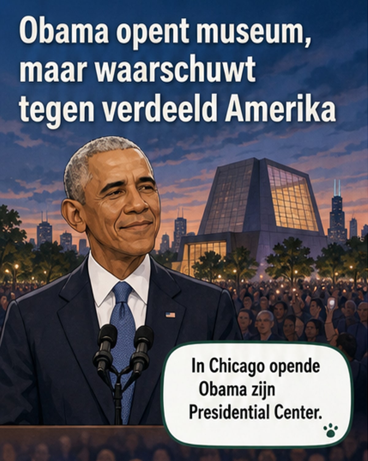 Barack en Michelle Obama staan glimlachend voor het nieuwe Obama Presidential Center in Chicago, met een groot standbeeld van hun beelden erachter, tijdens een zonnige openingsceremonie op Juneteenth.