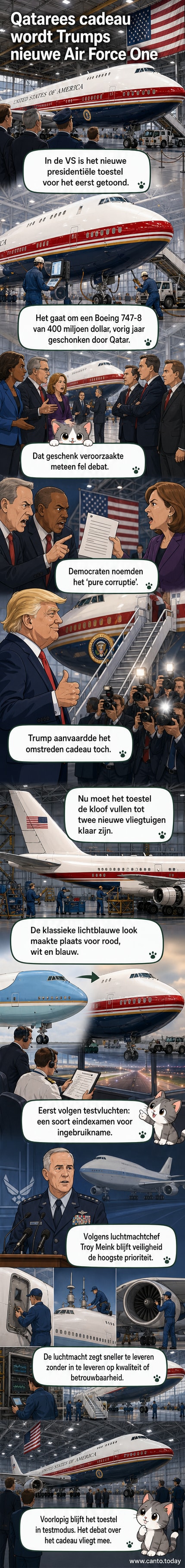 Een Boeing 747-8 in Amerikaanse vlagkleuren rood, wit en blauw staat op een startbaan, bestemd als tijdelijk Air Force One voor president Trump.