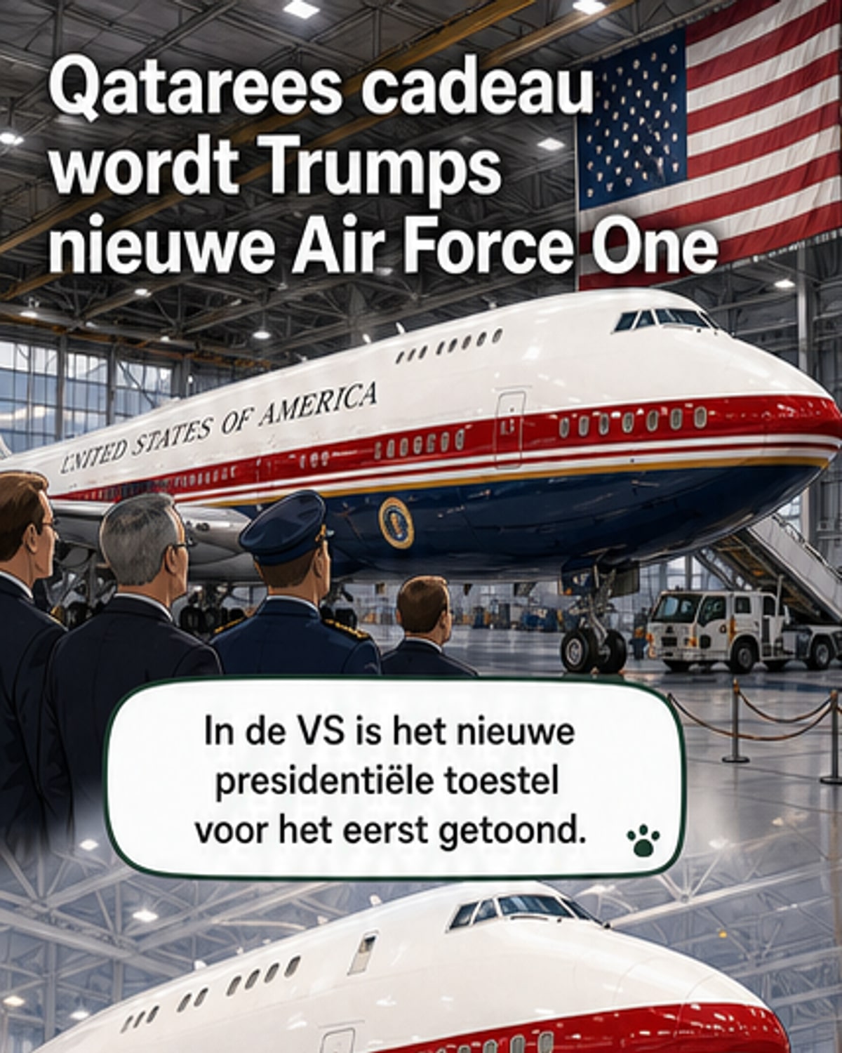 Een Boeing 747-8 in Amerikaanse vlagkleuren rood, wit en blauw staat op een startbaan, bestemd als tijdelijk Air Force One voor president Trump.
