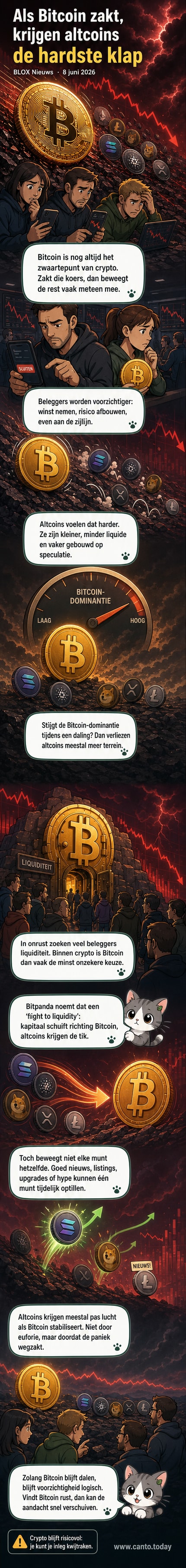 Illustratie van een dalende Bitcoin grafiek met kleinere altcoins die nog sneller dalen in de achtergrond, symboliserend marktvolatiliteit en risico.