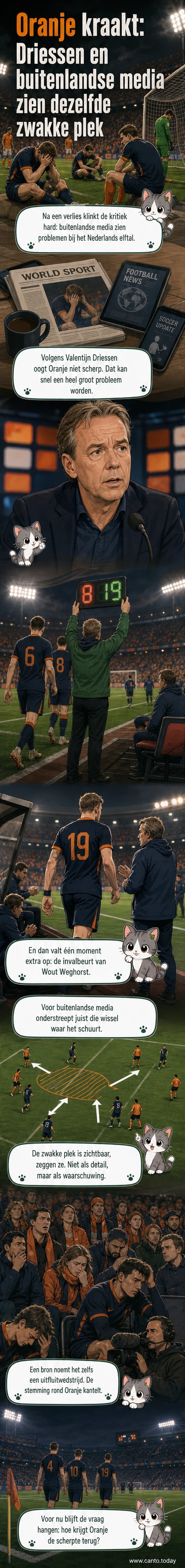 Een Nederlandse voetballer in oranje shirt zit teleurgesteld op het veld, met een lege tribune op de achtergrond.