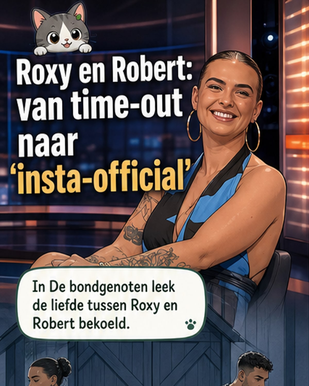 Roxy en Robert, twee realitysterren, kijken glimlachend naar elkaar tijdens een romantische momentopname, met tekst: 'Relatie hernieuwd'.