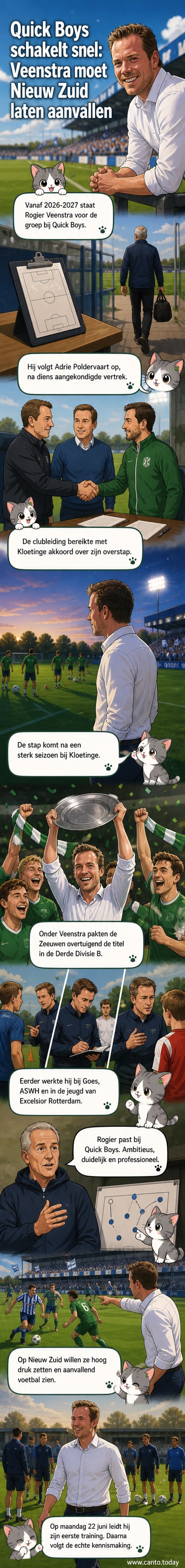 Rogier Veenstra, nieuwe hoofdtrainer van Quick Boys, op het trainingsveld met clublogo op de achtergrond.
