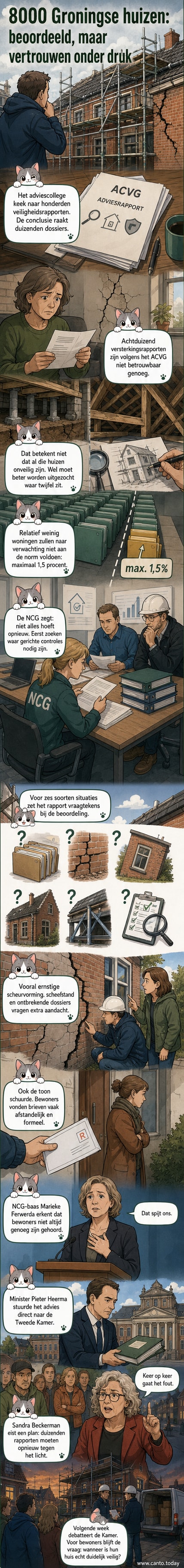 Illustratie van een scheefstaand huis in Groningen met een vergrootglas die een onbetrouwbaar rapport toont