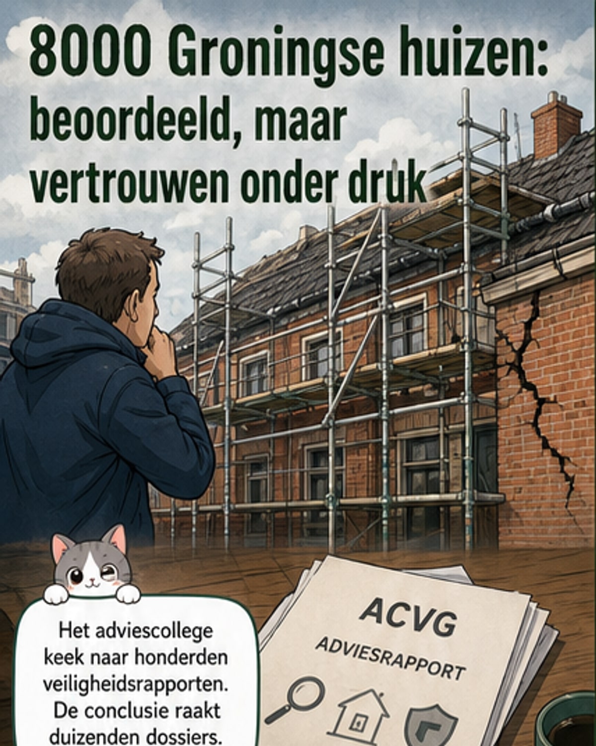Illustratie van een scheefstaand huis in Groningen met een vergrootglas die een onbetrouwbaar rapport toont