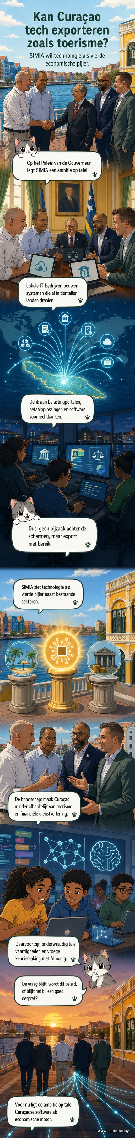 Illustratie van een tropisch eiland met een moderne IT-kantooromgeving op de voorgrond, waar mensen samenwerken aan softwareontwikkeling, met symbolen van internationale netwerken op de achtergrond.
