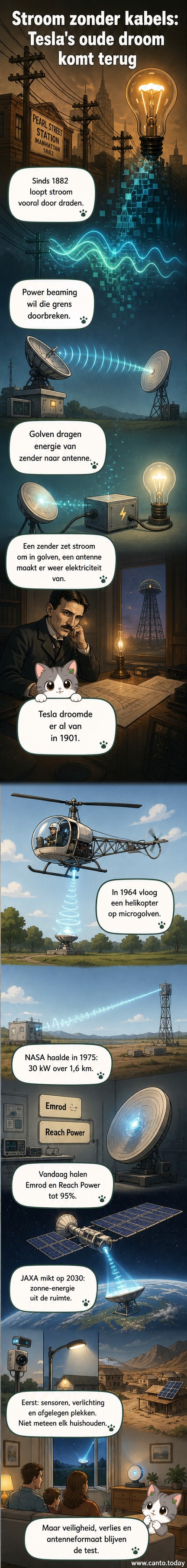 Illustratie van een toekomstige stad met zwevende energiestralen vanuit de ruimte naar antennes op daken, geïnspireerd op Tesla’s visie.
