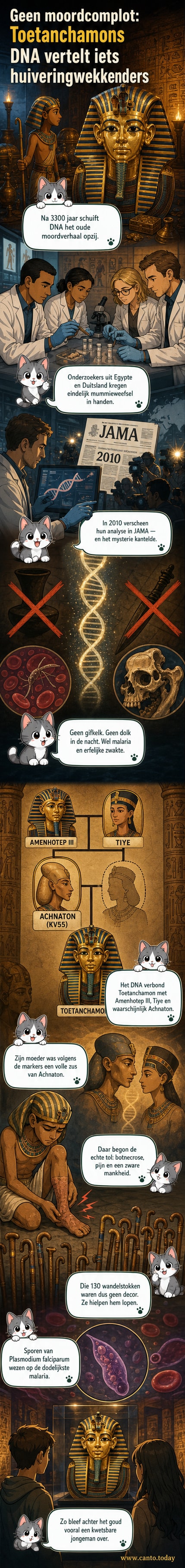 Illustratie van een oude Egyptische sarcophaag met een gouden masker, waarin DNA-sequentiegerechten over het gezicht glijden, met een wandelstok en een microscoop in de achtergrond.