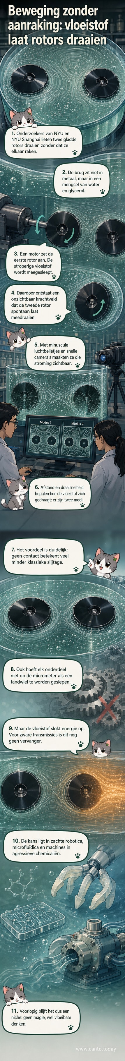 Twee gladde cilinders in een transparante tank met vloeistof, waarin stromingslijnen zichtbaar zijn via microscopische belletjes, illustrerend de contactloze overdracht van beweging.