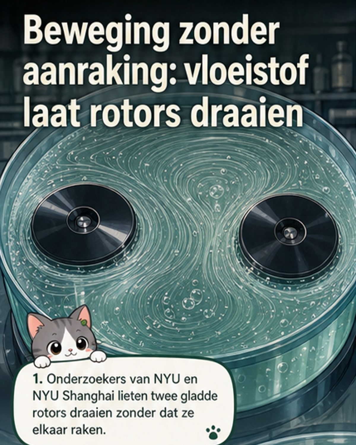Twee gladde cilinders in een transparante tank met vloeistof, waarin stromingslijnen zichtbaar zijn via microscopische belletjes, illustrerend de contactloze overdracht van beweging.