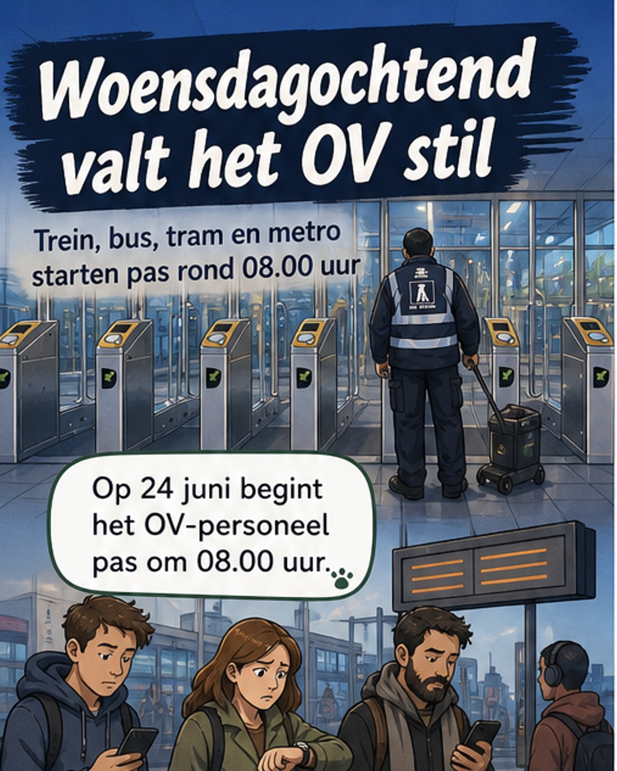 Illustratie van een lege treinhalte met een bord 'Geen vervoer tot 8.00 uur' en een poster van FNV met 'Staking'.