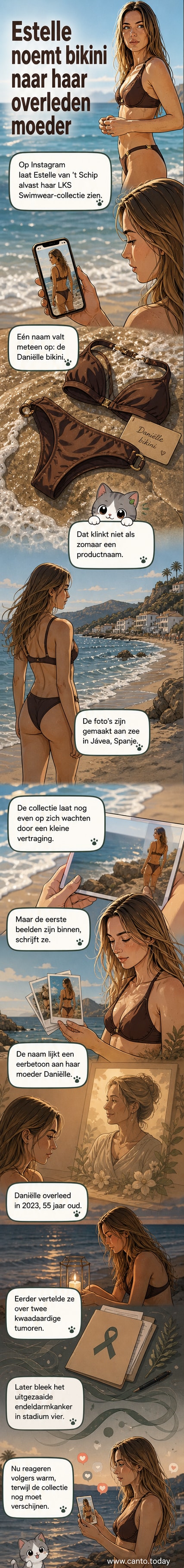 Estelle van ’t Schip poseert aan het strand in Spanje in een bruine bikini, als voorproefje van haar nieuwe collectie waarin één model is vernoemd naar haar overleden moeder.