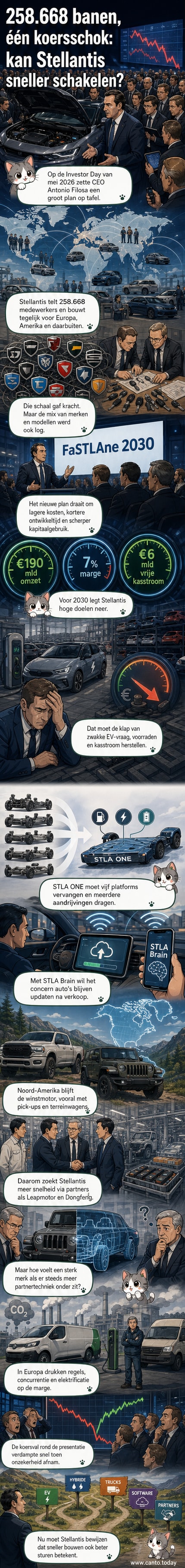 Illustratie van een Stellantis-logo met elektrische auto's, een fabriek en een grafiek die omhoog kruipt, omringd door Chinese en Europese vlaggen.