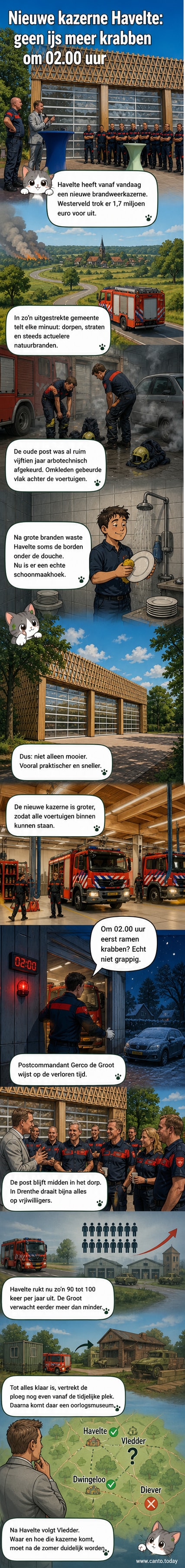 Nieuwe brandweerkazerne in Havelte met moderne gevel en brandweervoertuigen voor de deur, omgeven door groen en dorpsgezinde architectuur.