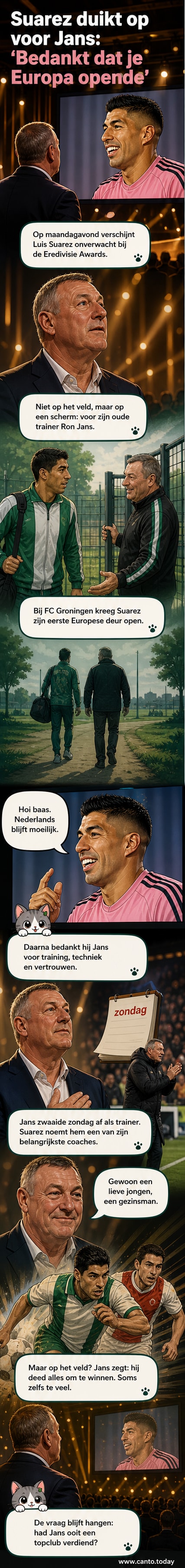 Luis Suárez spreekt tijdens een ceremonie in het Spaans naar Ron Jans, die glimlacht terwijl hij in de zaal zit.