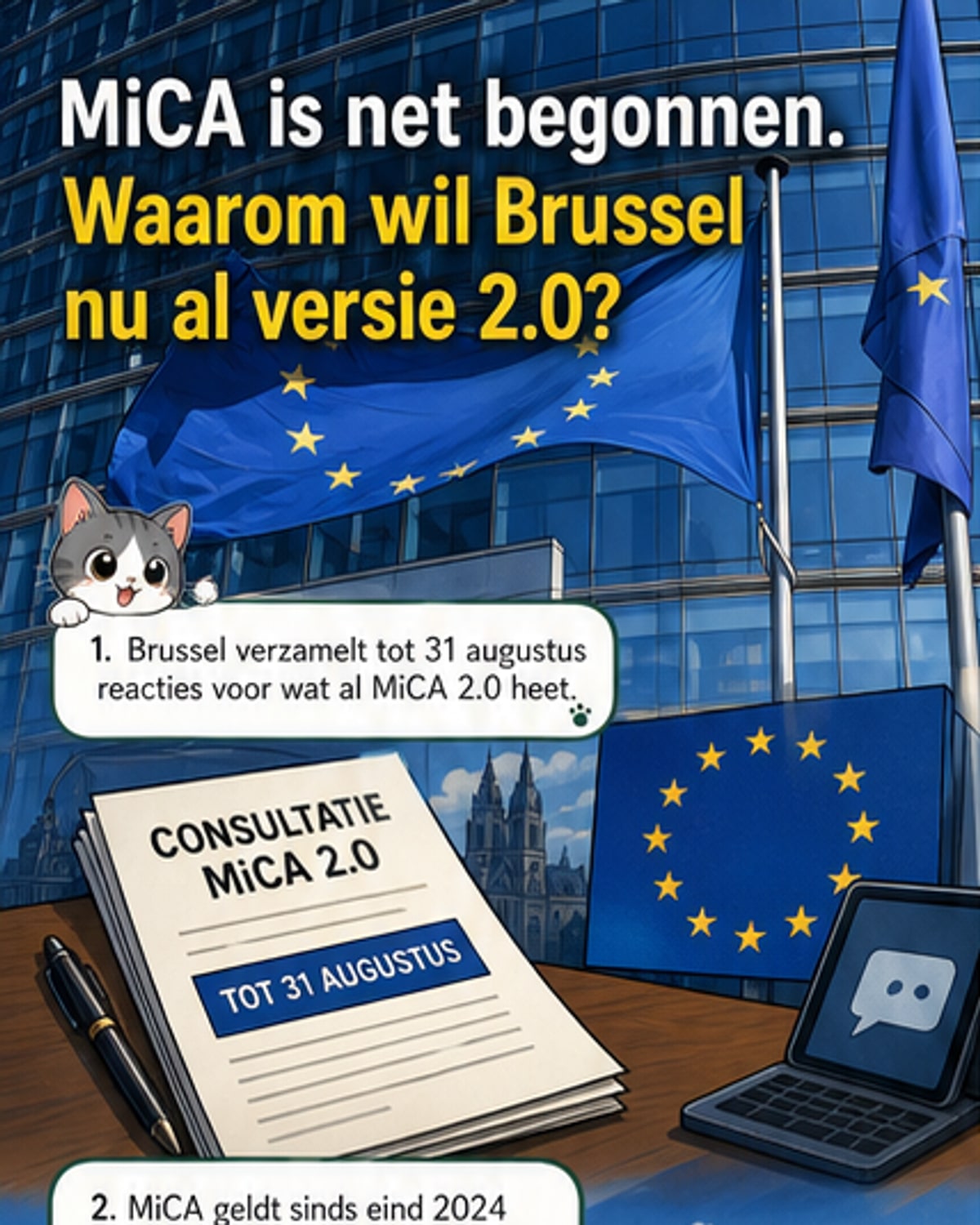 Illustratie van een Europese wetgever die een digitale blockchain inspecteert, met symbolen voor stablecoins, DeFi en wetgeving.