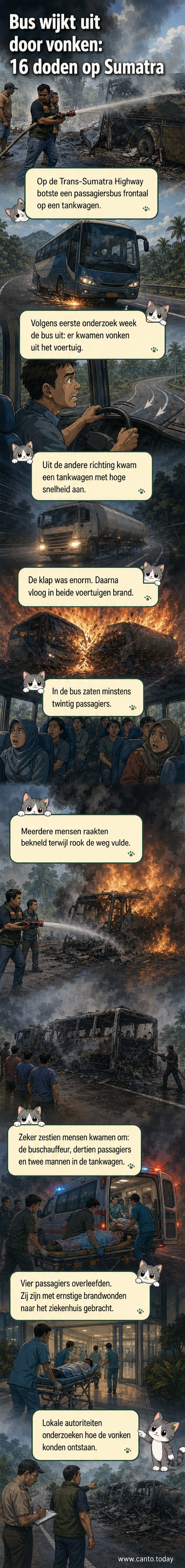 Illustratie van een zware botsing tussen een passagiersbus en een tankwagen op een Indonesische snelweg, met rook en vlammen, hulpdiensten ter plaatse.
