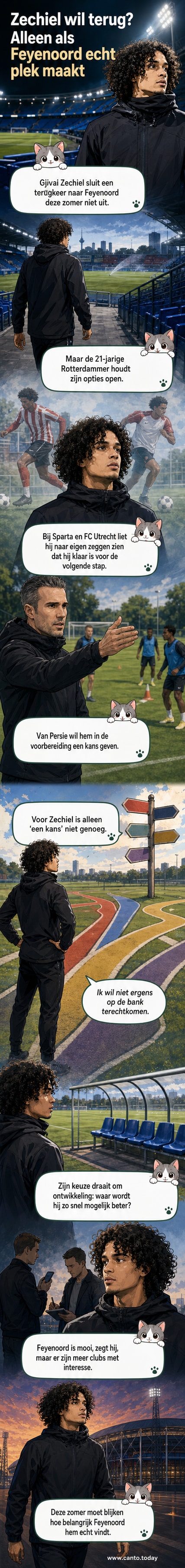 Illustratie van Gjivai Zechiël in speelkleding, nadenkend tussen het Feyenoord-wapen en een wereldkaart met voetbalclubs.