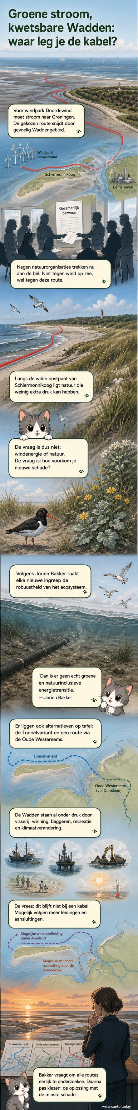 Luchtfoto van Schiermonnikoog met een schematische overlay van stroomkabelroutes door de Waddenzee naar de Eemshaven.