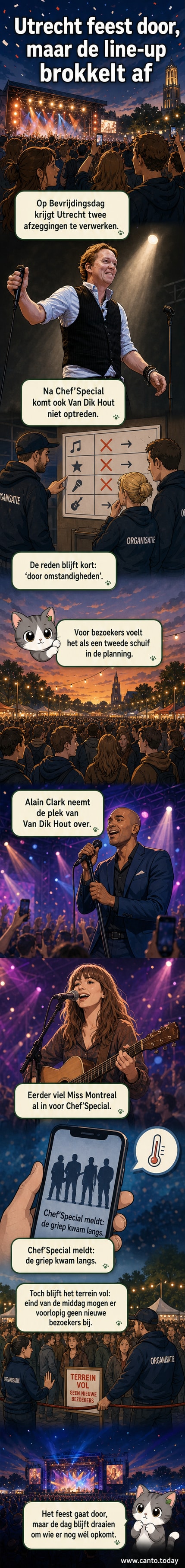 Muziekfestivalplein met groot podium en drukke menigte, achtergrond met vlaggen en feeststemming